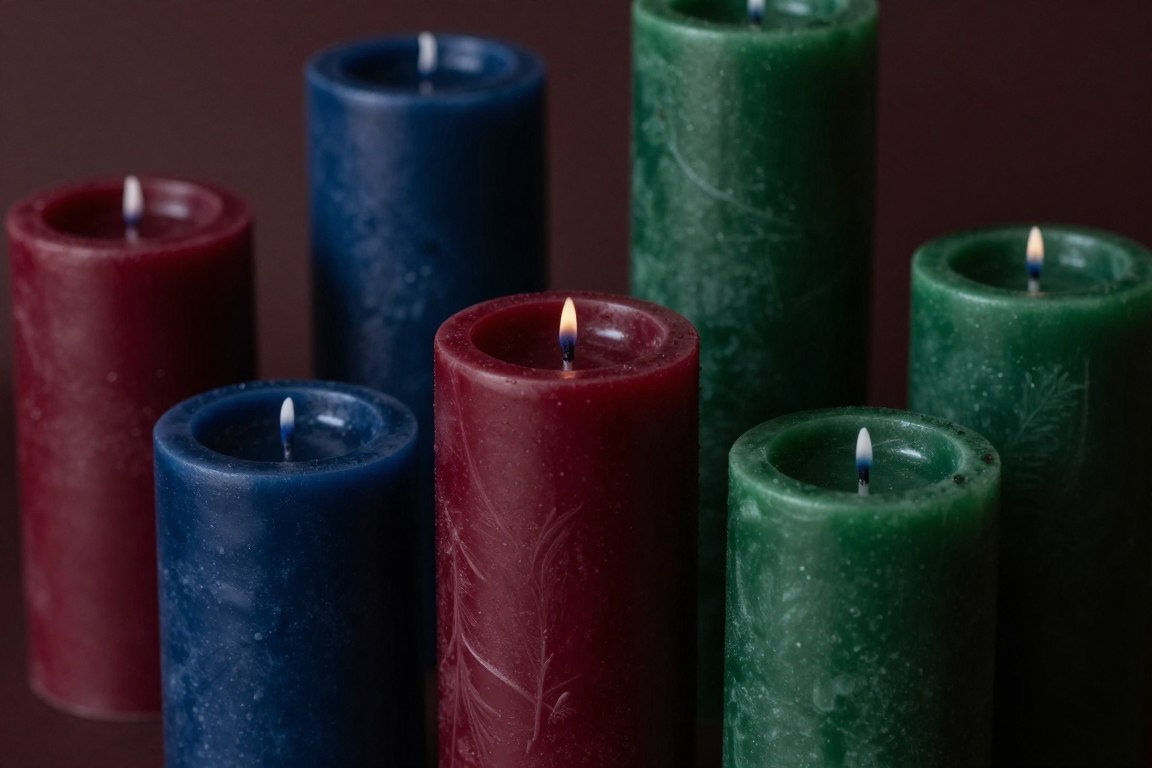 Bold colored pillar candles for events in burgundy and navy Bold colored pillar candles for events in burgundy and navy