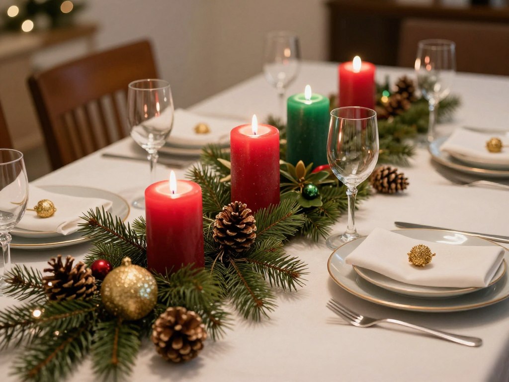 Christmas table decorated with red and green pillar candles for events Christmas table decorated with red and green pillar candles for events