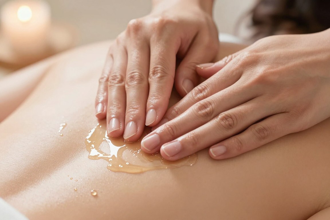 Close-up of hands massaging oil into skin