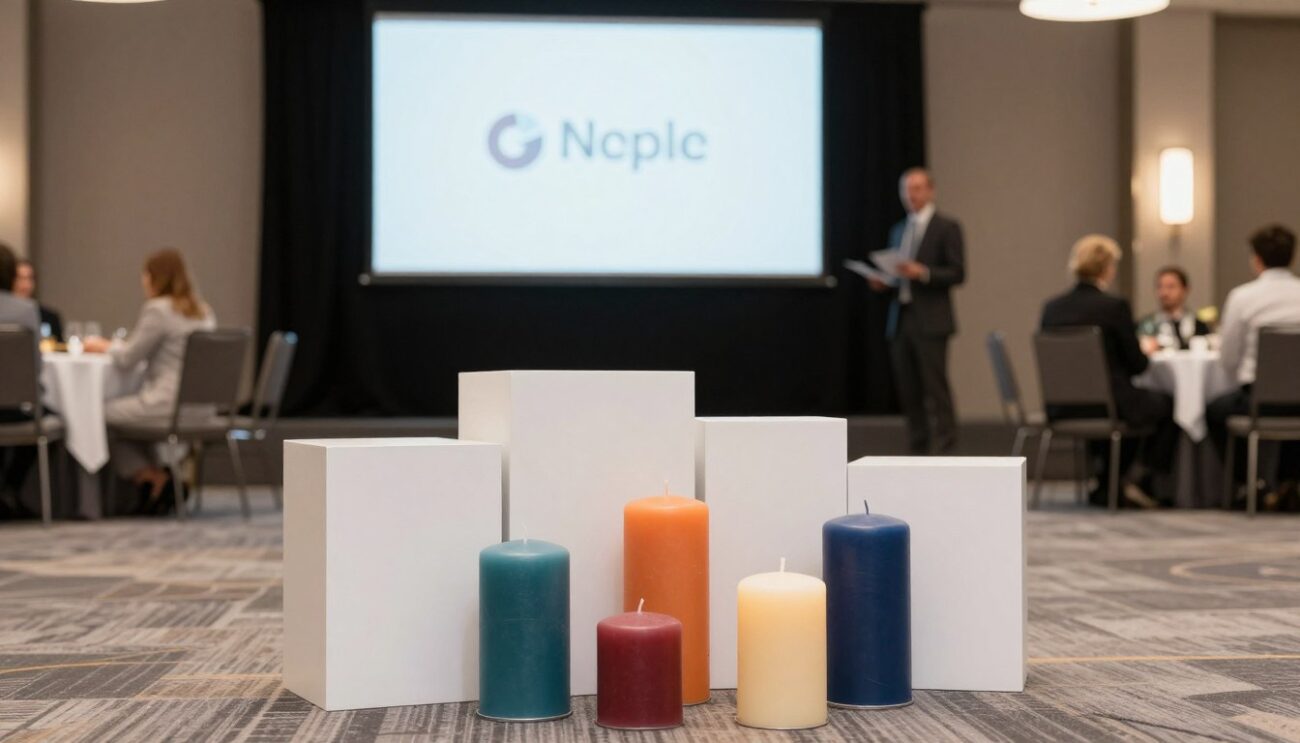 Corporate event with branded color pillar candles for events on minimalist stands Corporate event with branded color pillar candles for events on minimalist stands