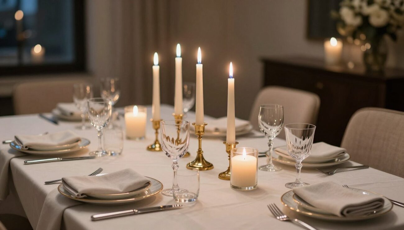 Elegant dinner party table with pillar candles for events as centerpieces Elegant dinner party table with pillar candles for events as centerpieces