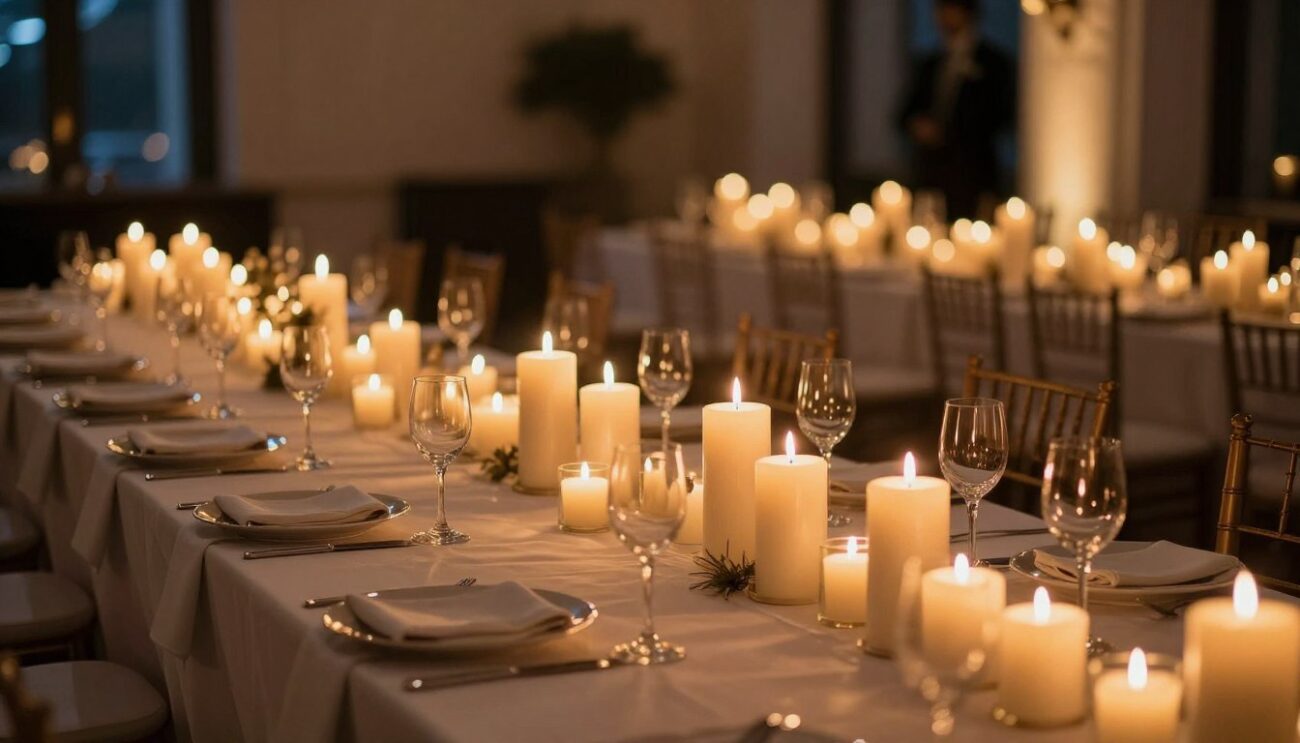 Elegant evening event with pillar candles for events creating magical atmosphere Elegant evening event with pillar candles for events creating magical atmosphere