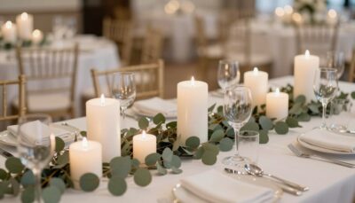Elegant table setting with white pillar candles for events surrounded by greenery