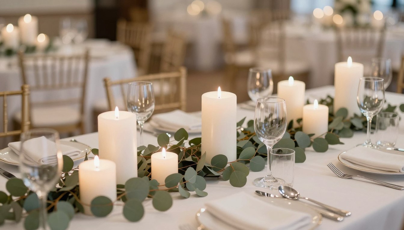 Elegant table setting with white pillar candles for events surrounded by greenery