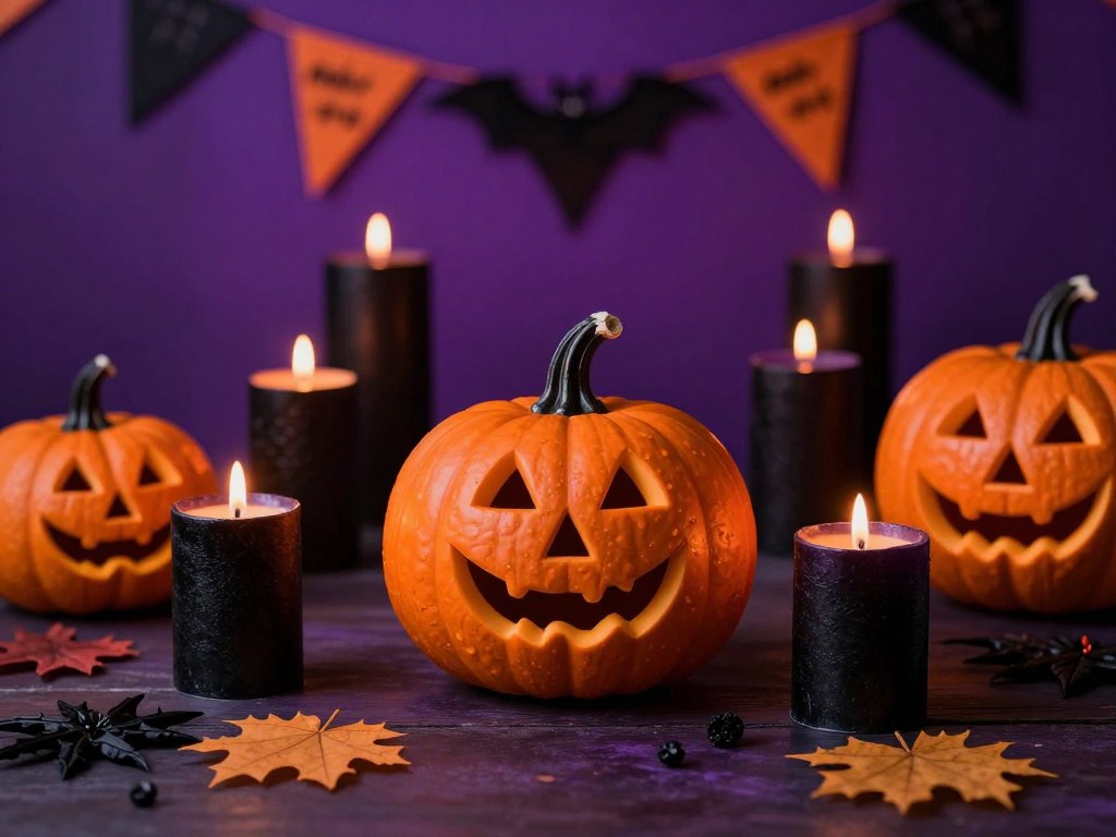 Halloween party decor with black pillar candles for events and orange accents Halloween party decor with black pillar candles for events and orange accents