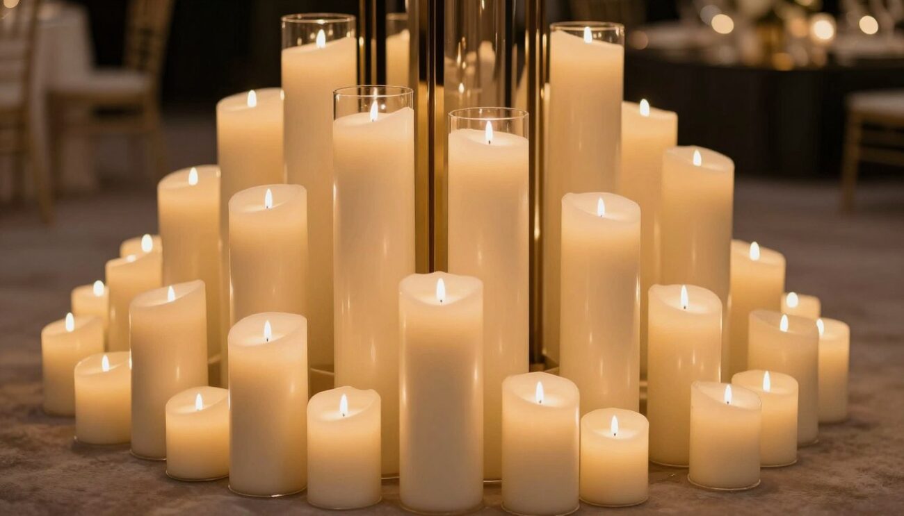 Layered heights of pillar candles for events creating visual interest Layered heights of pillar candles for events creating visual interest