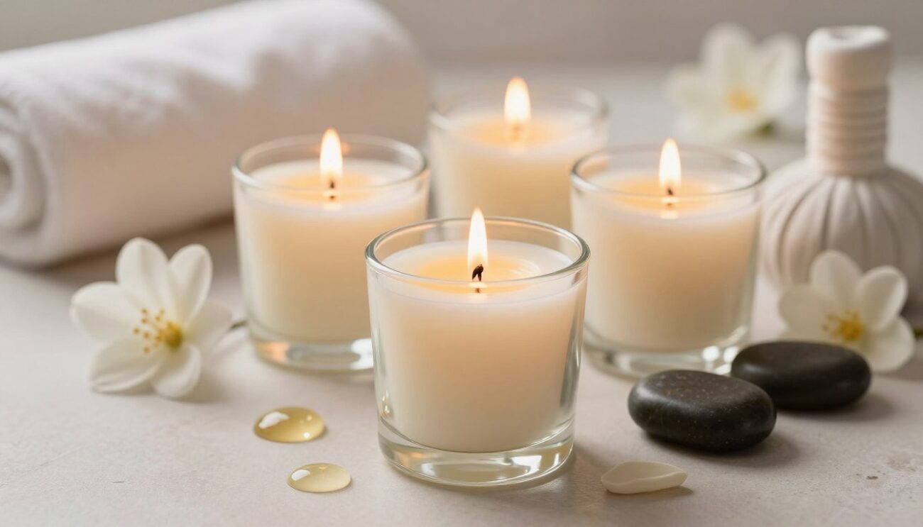 Massage candles arranged with flowers and massage stones