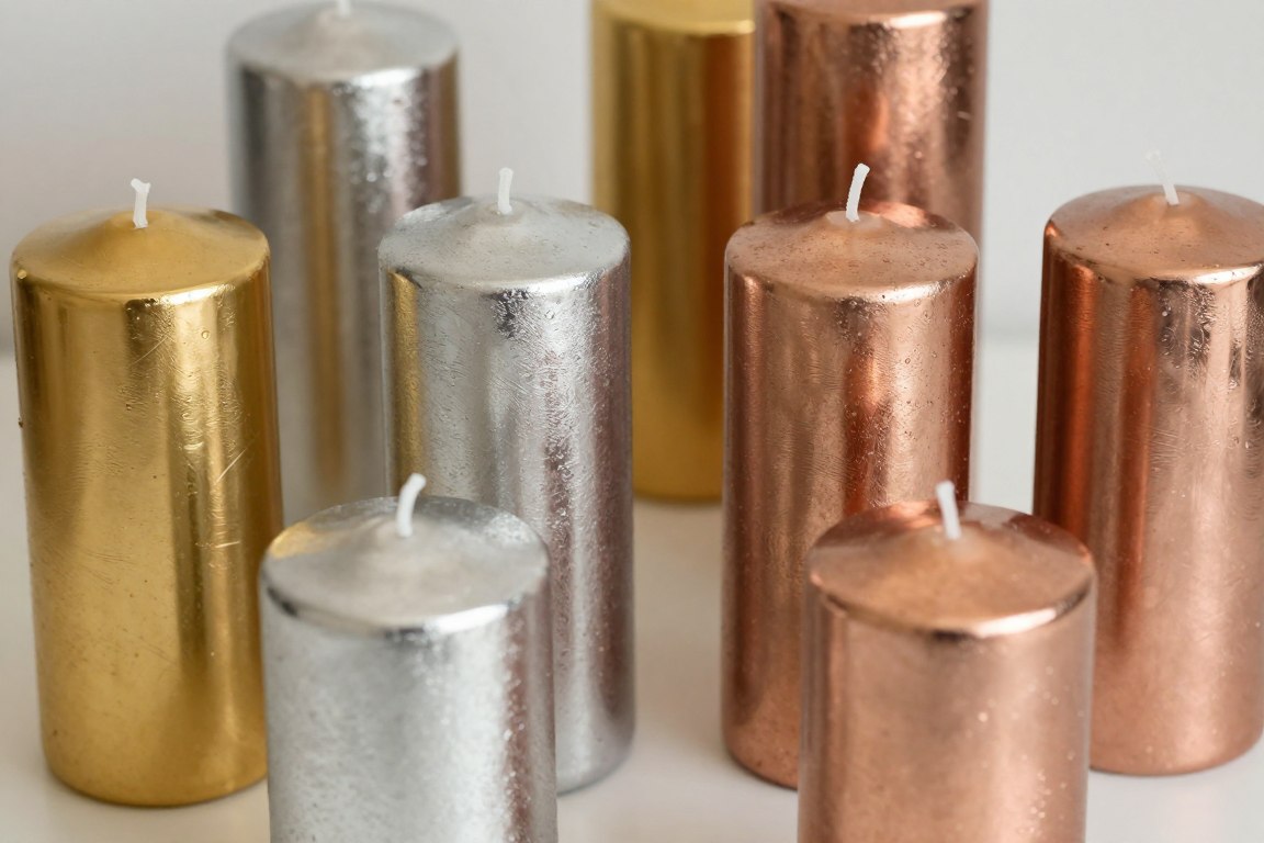 Metallic finish pillar candles for events in gold and silver Metallic finish pillar candles for events in gold and silver