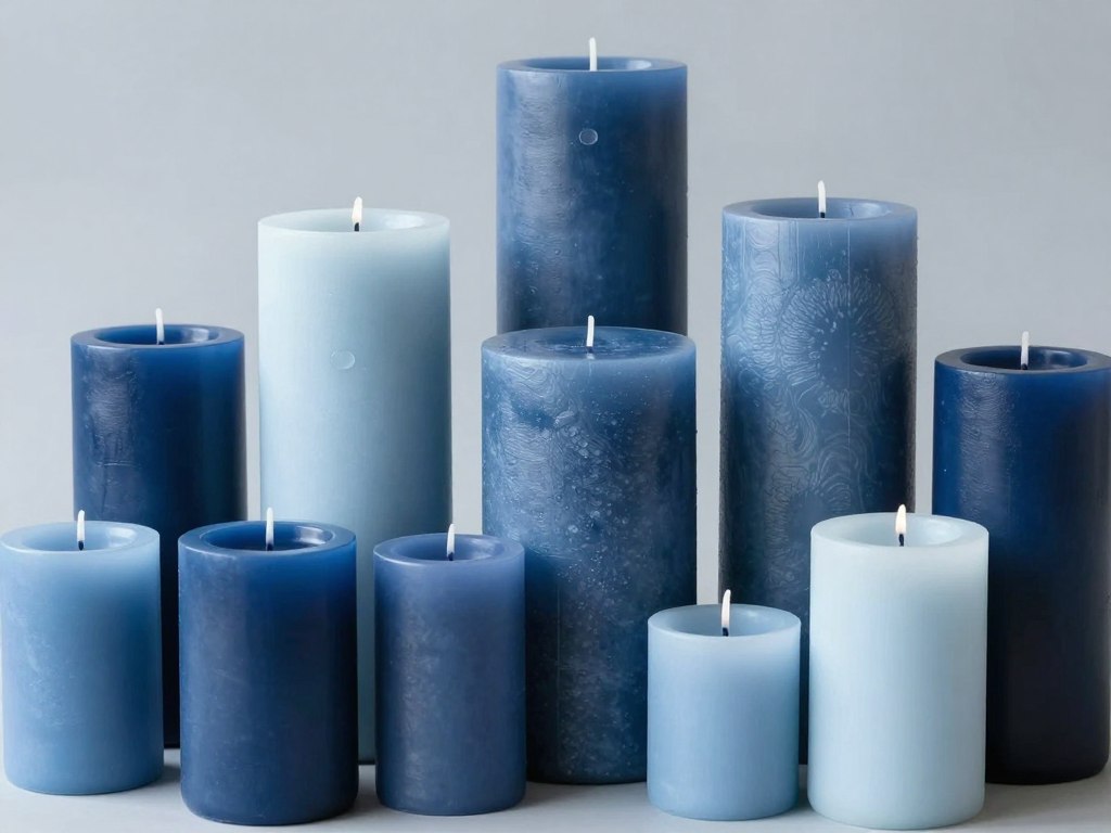 Monochromatic pillar candles for events in varying shades of blue Monochromatic pillar candles for events in varying shades of blue