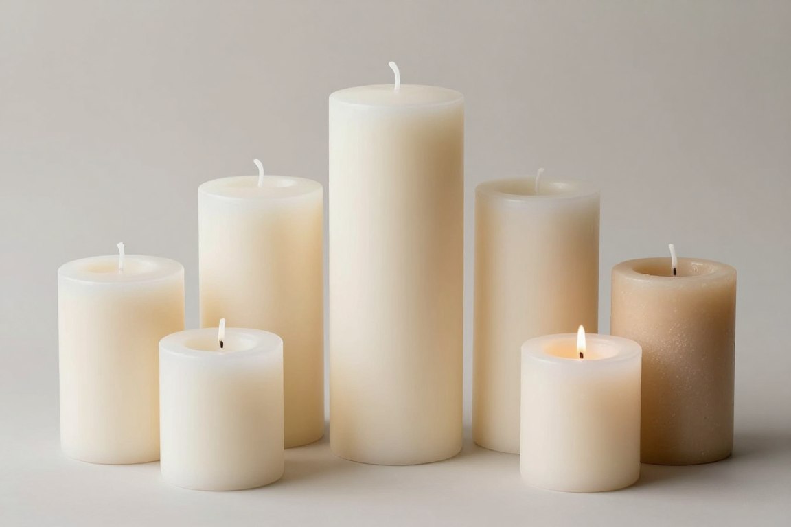 Neutral tone pillar candles for events in ivory and beige Neutral tone pillar candles for events in ivory and beige