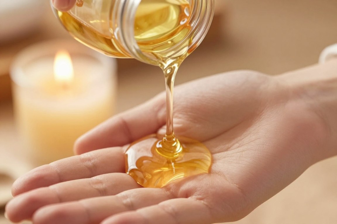 Person pouring massage candle oil onto their hand