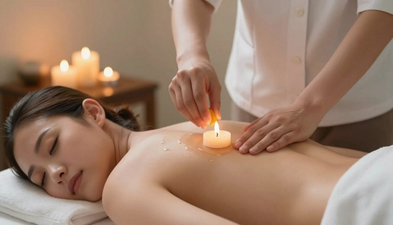 Person receiving a massage with massage candle oil