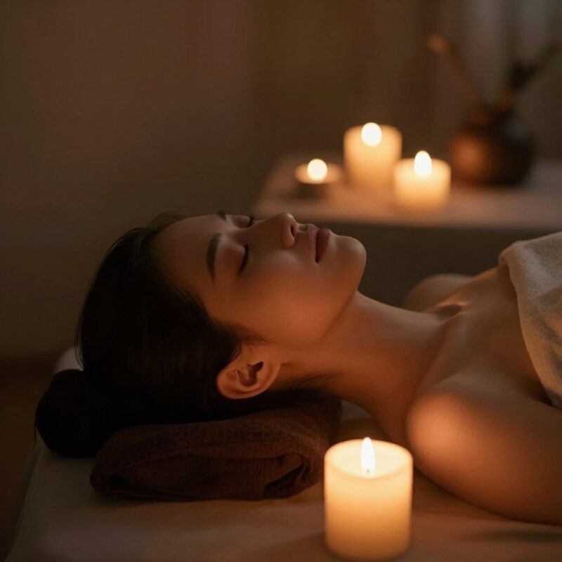 Person relaxing with massage candles in a calm setting