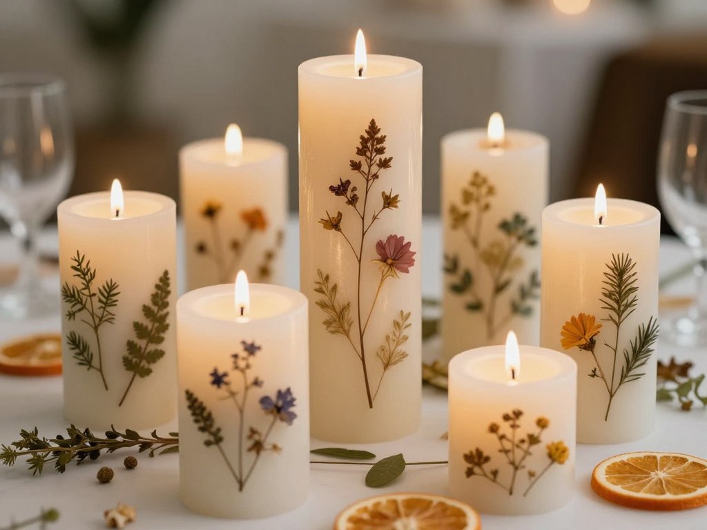 Pillar candles for events with embedded botanical elements Pillar candles for events with embedded botanical elements