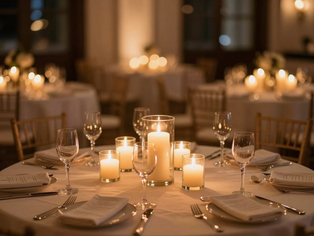 Romantic pillar candles for events creating warm ambiance in evening reception Romantic pillar candles for events creating warm ambiance in evening reception