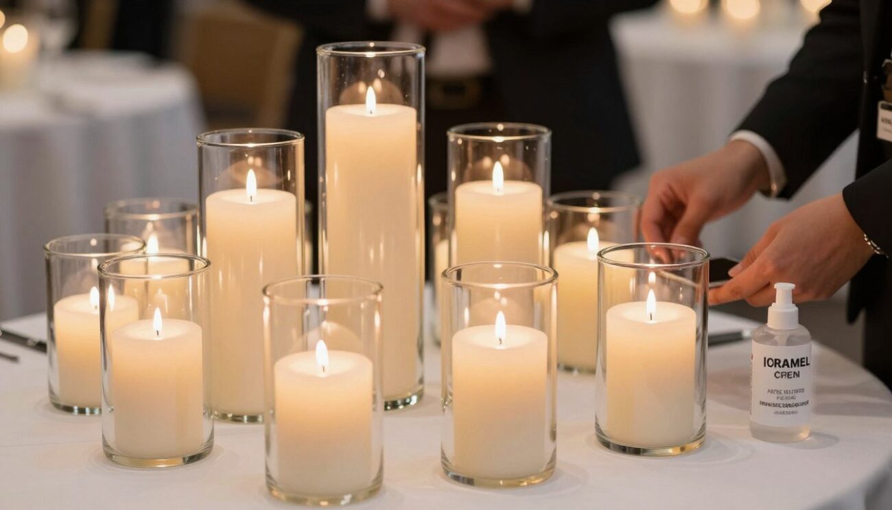 Safe pillar candles for events setup with proper holders and clearance Safe pillar candles for events setup with proper holders and clearance