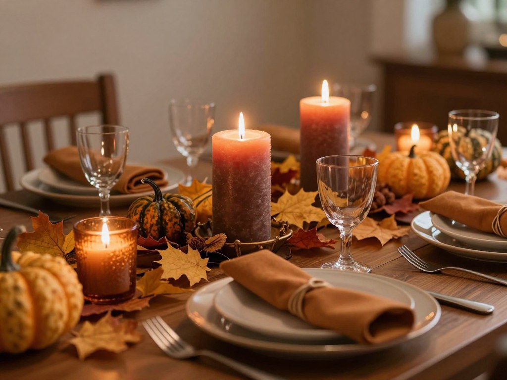 Thanksgiving table with amber and brown pillar candles for events Thanksgiving table with amber and brown pillar candles for events
