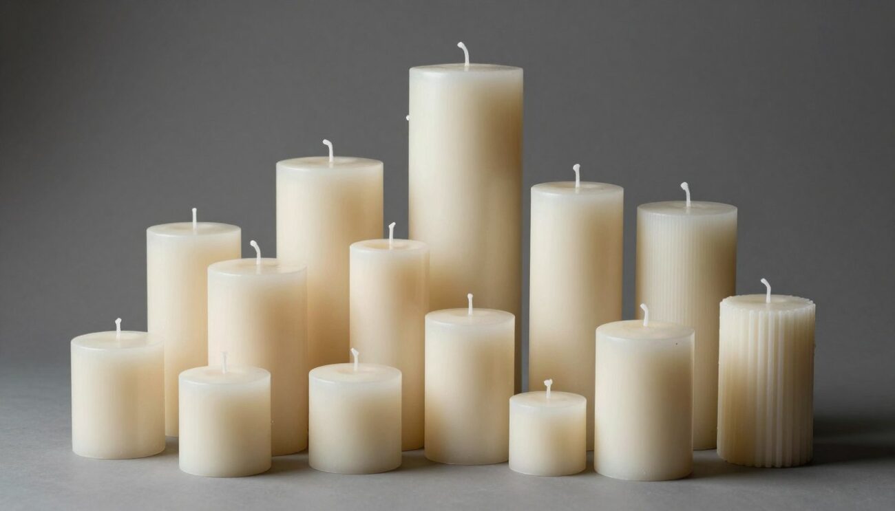 Various sizes and shapes of pillar candles for events displayed together Various sizes and shapes of pillar candles for events displayed together