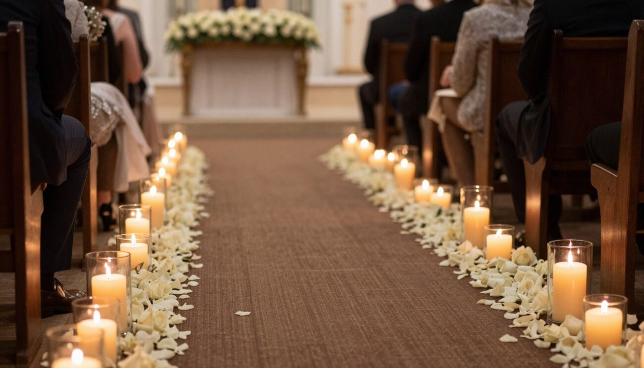 Wedding ceremony aisle decorated with pillar candles for events in glass hurricanes Wedding ceremony aisle decorated with pillar candles for events in glass hurricanes